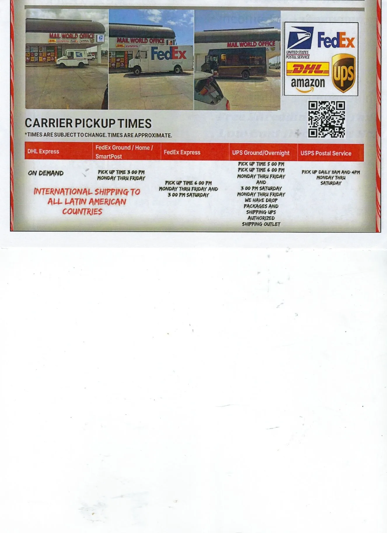 Carrier pickup times artwork showing DHL Express, FedEx, UPS, and USPS shipping schedules and international shipping information