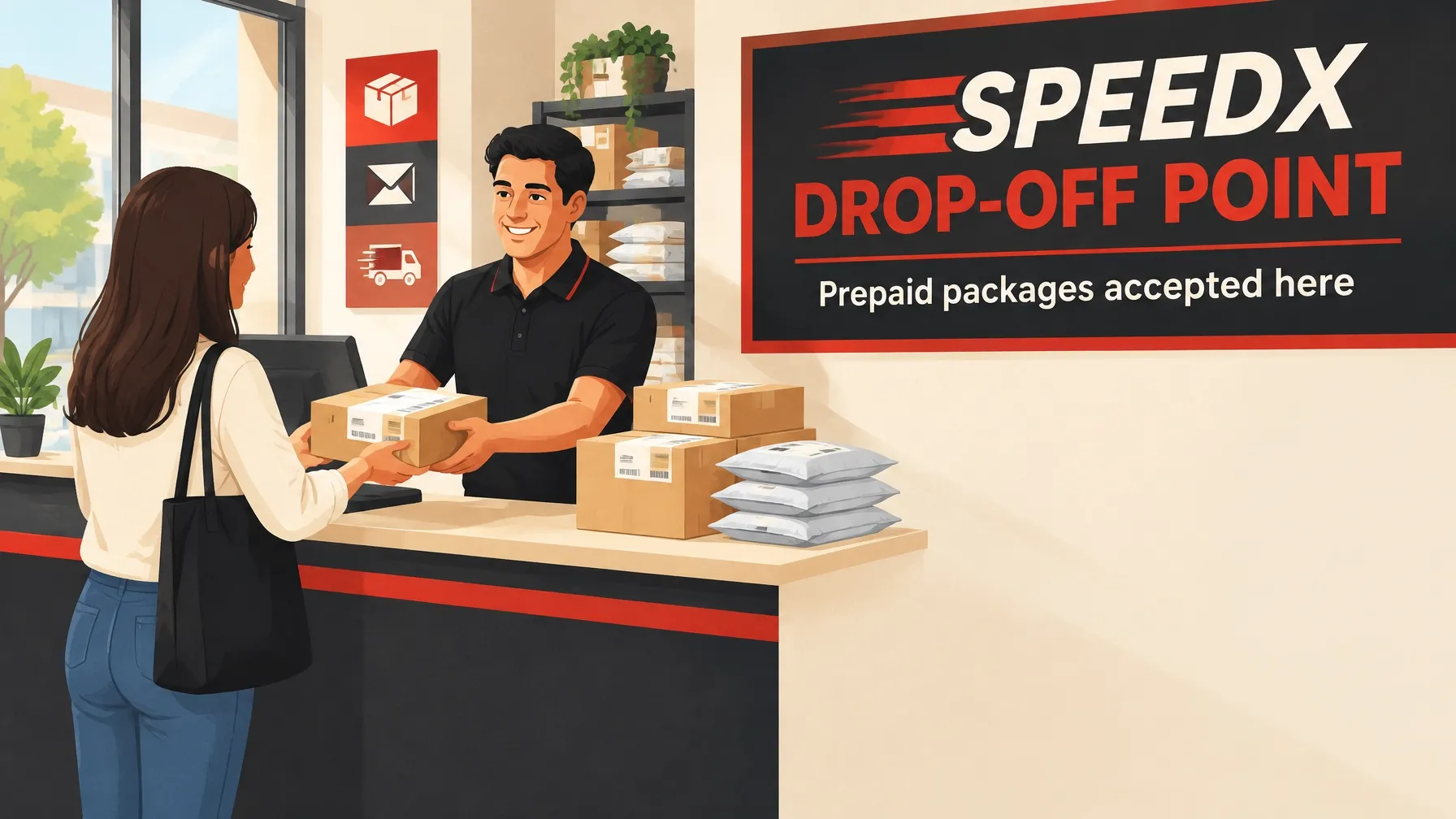 SpeedX drop-off point artwork showing a Mail World Office counter scene with a SPEEDX DROP-OFF POINT sign and prepaid packages accepted here