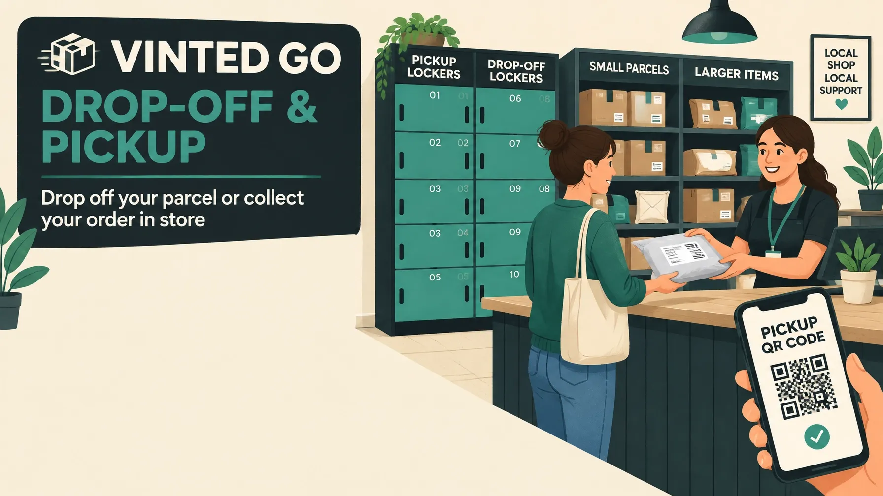 Vinted Go drop-off and pickup artwork showing lockers, a counter handoff, and a pickup QR code