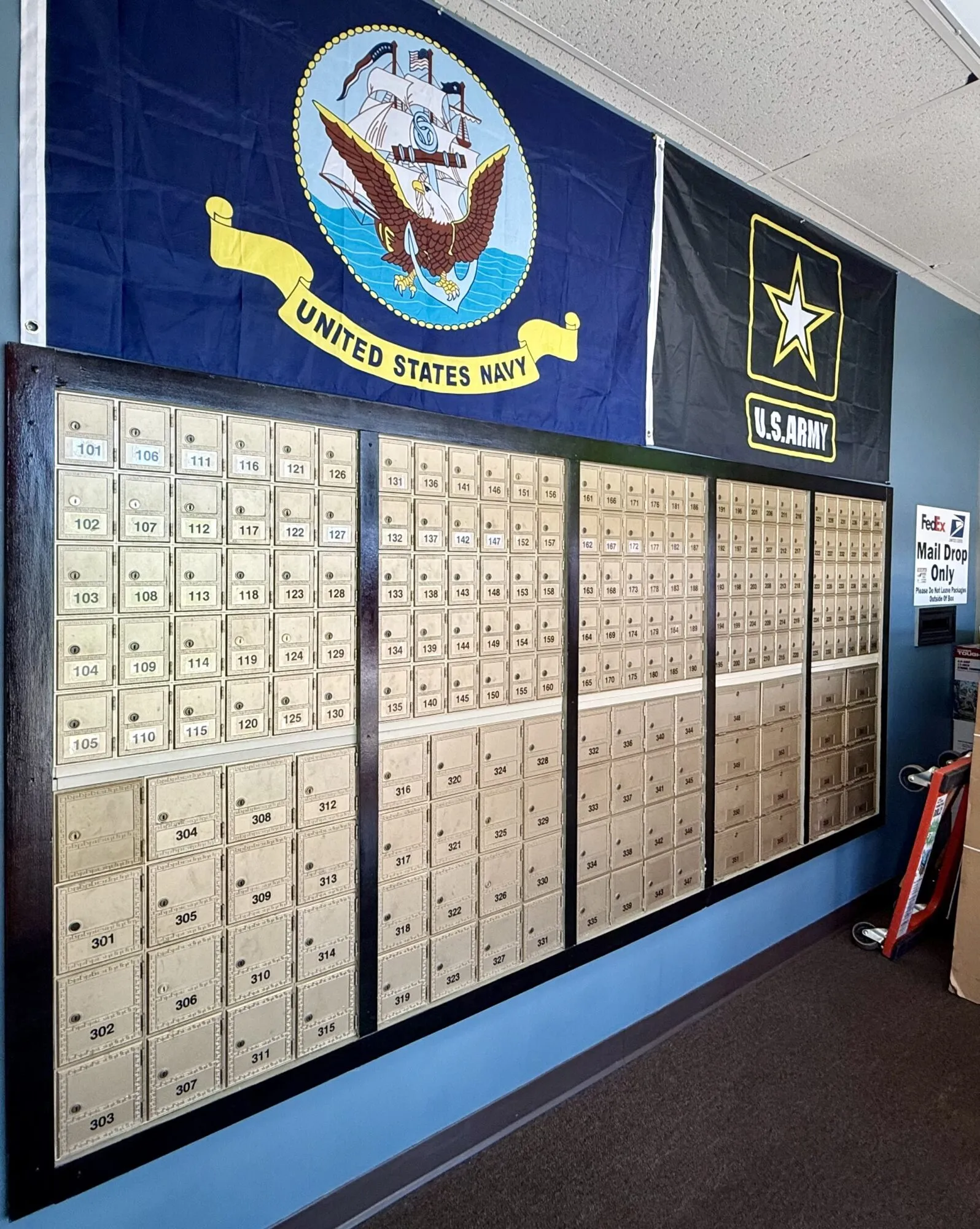 Rows of private mailboxes inside Mail World Office in Tulsa