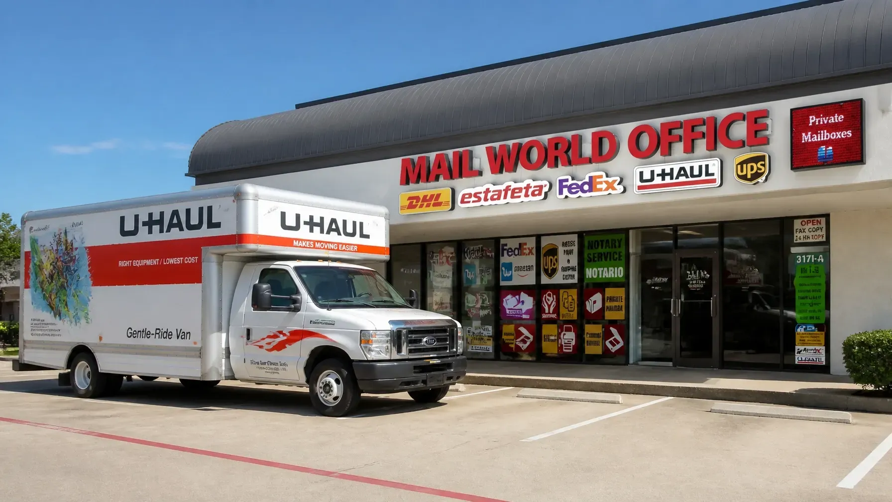 Mail World Office storefront with a U-Haul moving truck and private mailbox signs in Tulsa