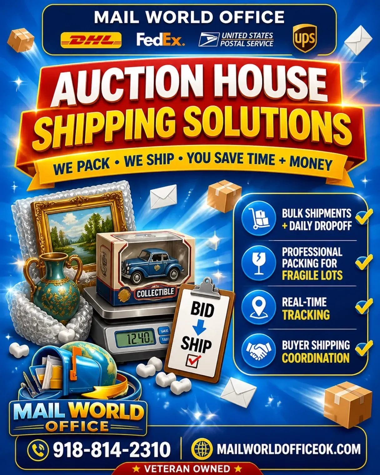 Auction House Shipping Solutions promotional artwork for packing, bulk shipments, tracking, and buyer shipping coordination
