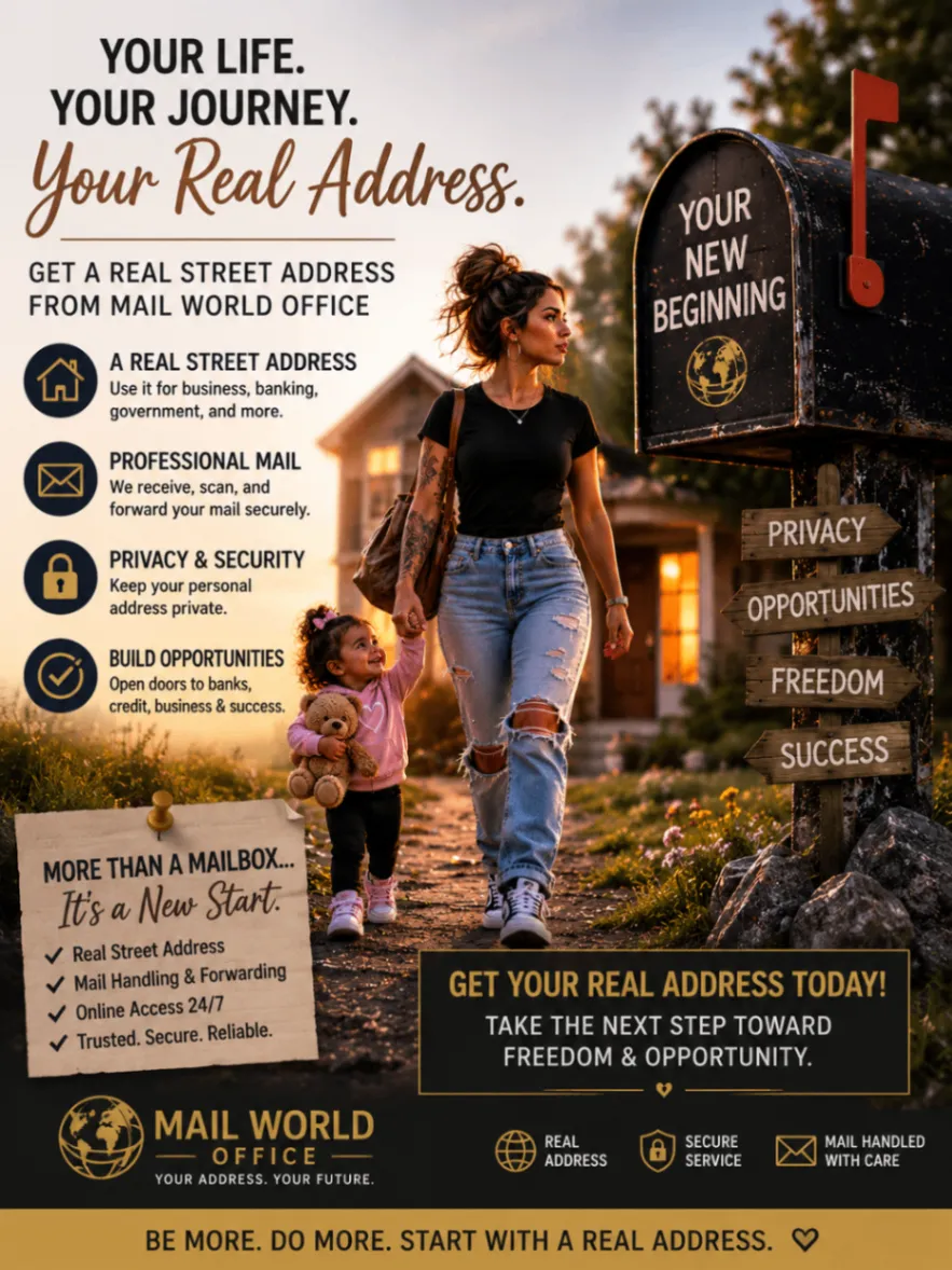 Promotional real-address artwork for Mail World Office private mailbox services