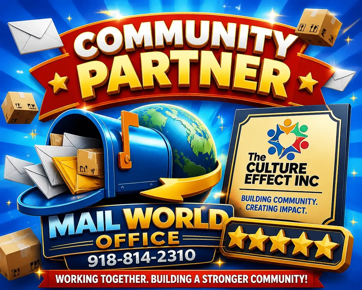 The Culture Effect community partner promotional artwork shown with Mail World Office branding