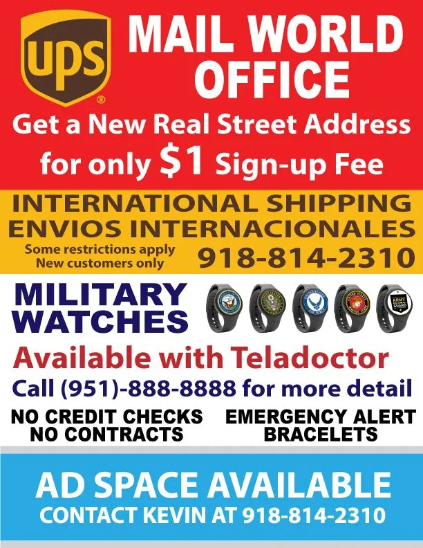 Promotional artwork for Mail World Office mailbox and shipping services