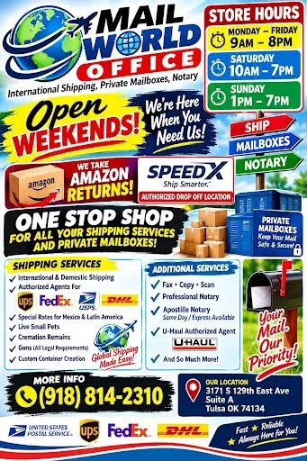 Mail World Office one-stop shipping, mailbox, drop-off, packaging, and notary promotional artwork