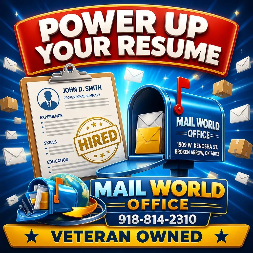 Power Up Your Resume promotional artwork featuring a resume, mailbox, and Mail World Office branding