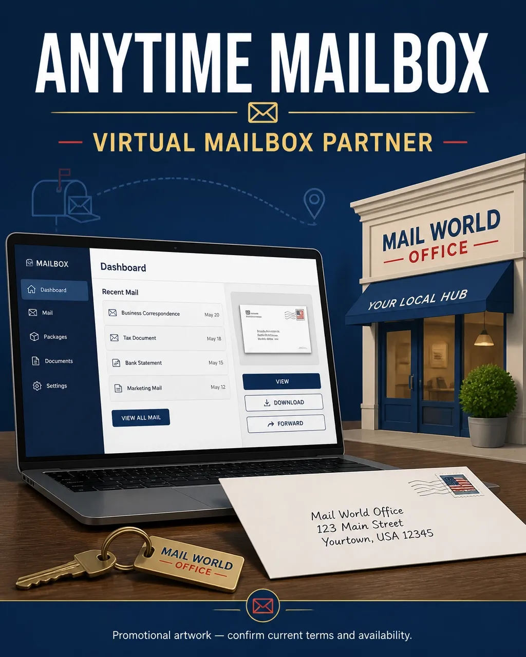 Promotional artwork for Anytime Mailbox virtual mailbox partner service