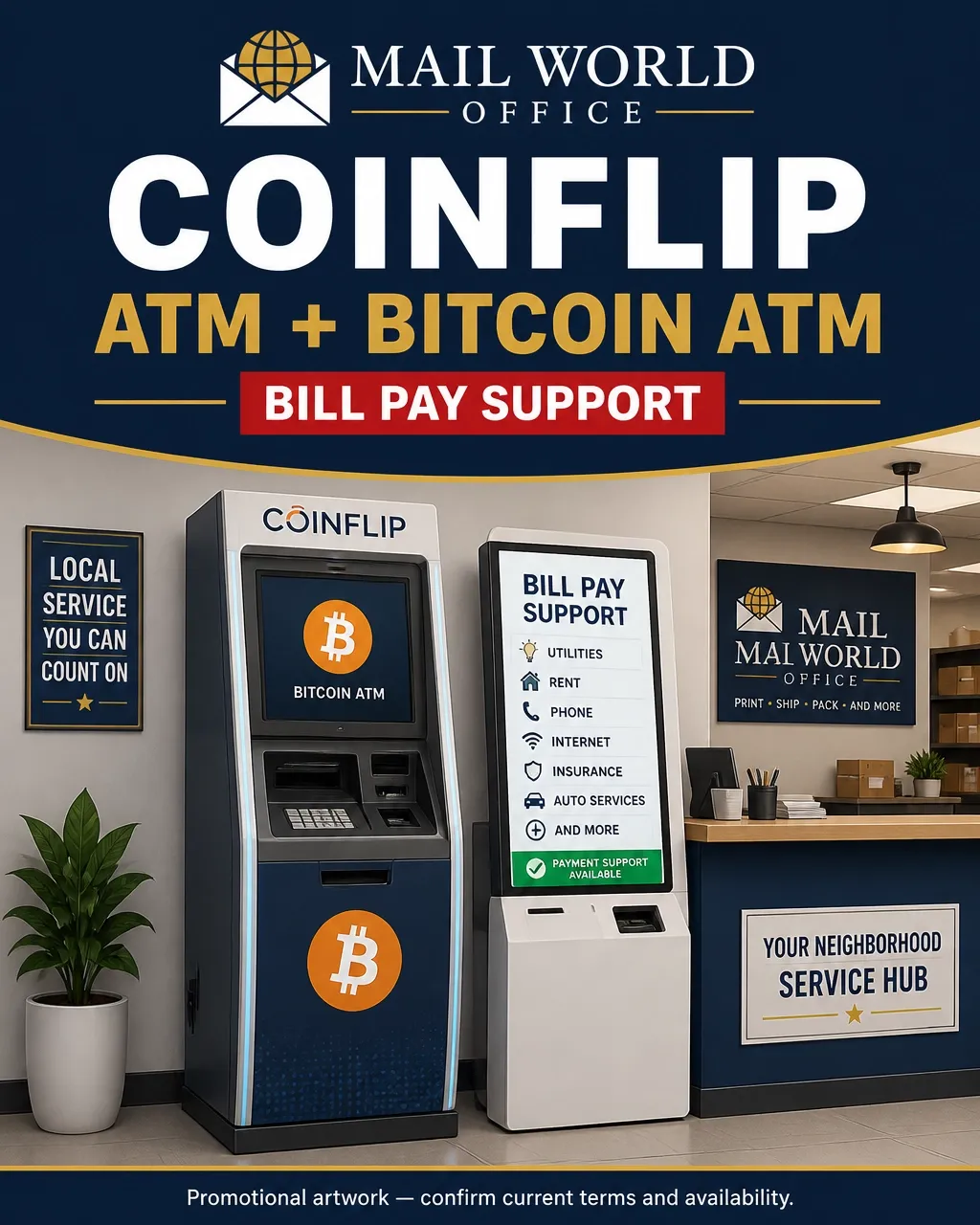 Promotional artwork for CoinFlip ATM, Bitcoin ATM, and bill pay support