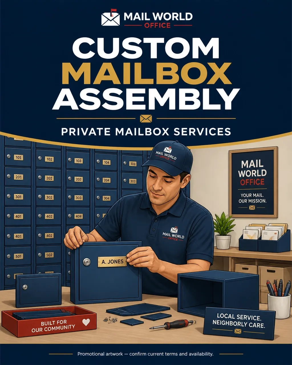 Promotional artwork for custom mailbox assembly and private mailbox services