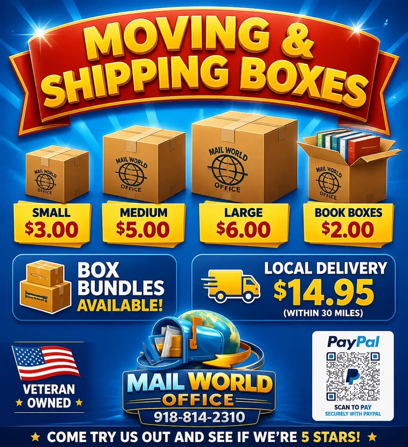 Promotional artwork showing moving and shipping boxes with delivery support