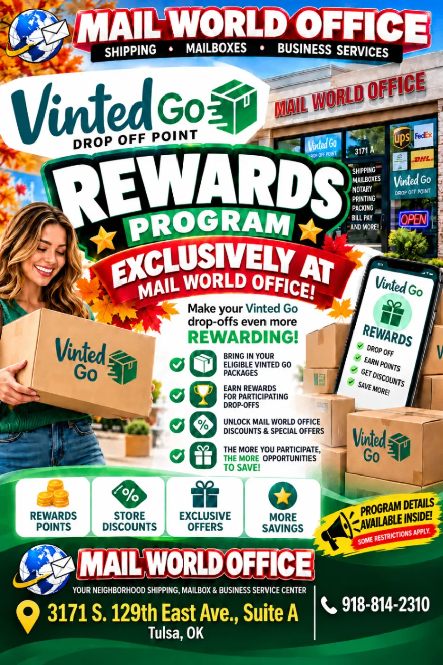 Mail World Office Vinted Go Rewards promotional flyer showing package drop-offs, points, store discounts, and program restrictions